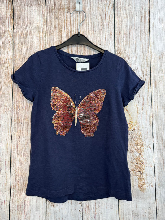 H&M T-Shirt Dunkelblau m. Pailletten Schmetterling Gr. 122/128