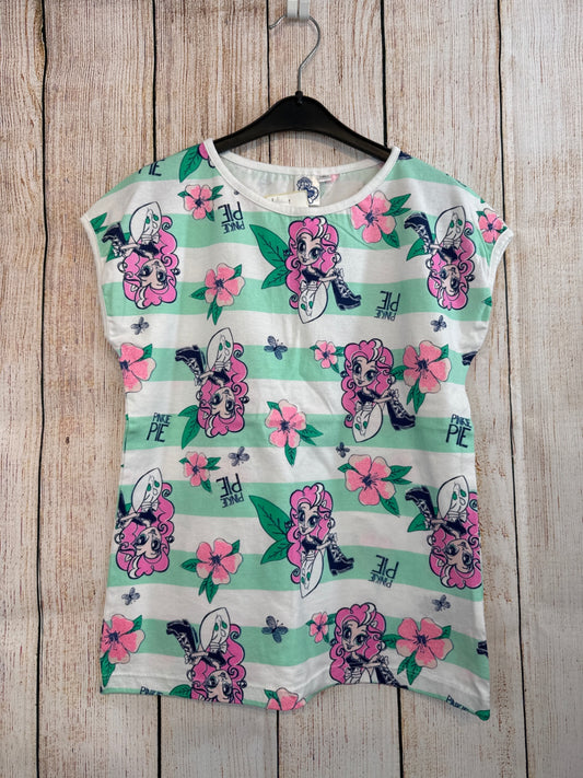 T-Shirt hellgrün/ weiß gestreift m. rosa Mädchen und Blüten Gr. 140